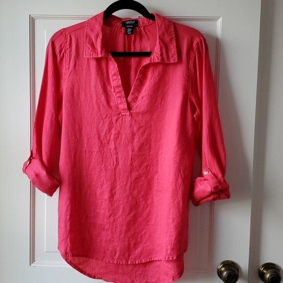JONES NY & CO 100% LINEN CORAL PINK TOP SIZE MEDIUM LAGENLOOK COASTAL - Picture 1 of 6
